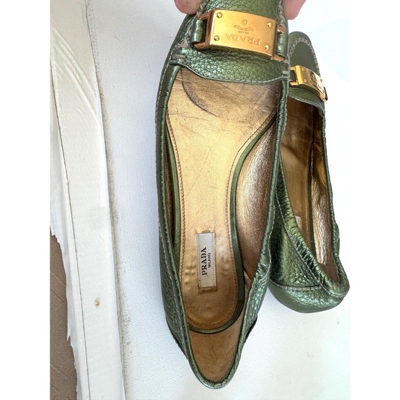 Prada Metallic Olive Leather Plaque Loafers EU 36 Vintage Y2K Made Italy - Picture 12 of 15